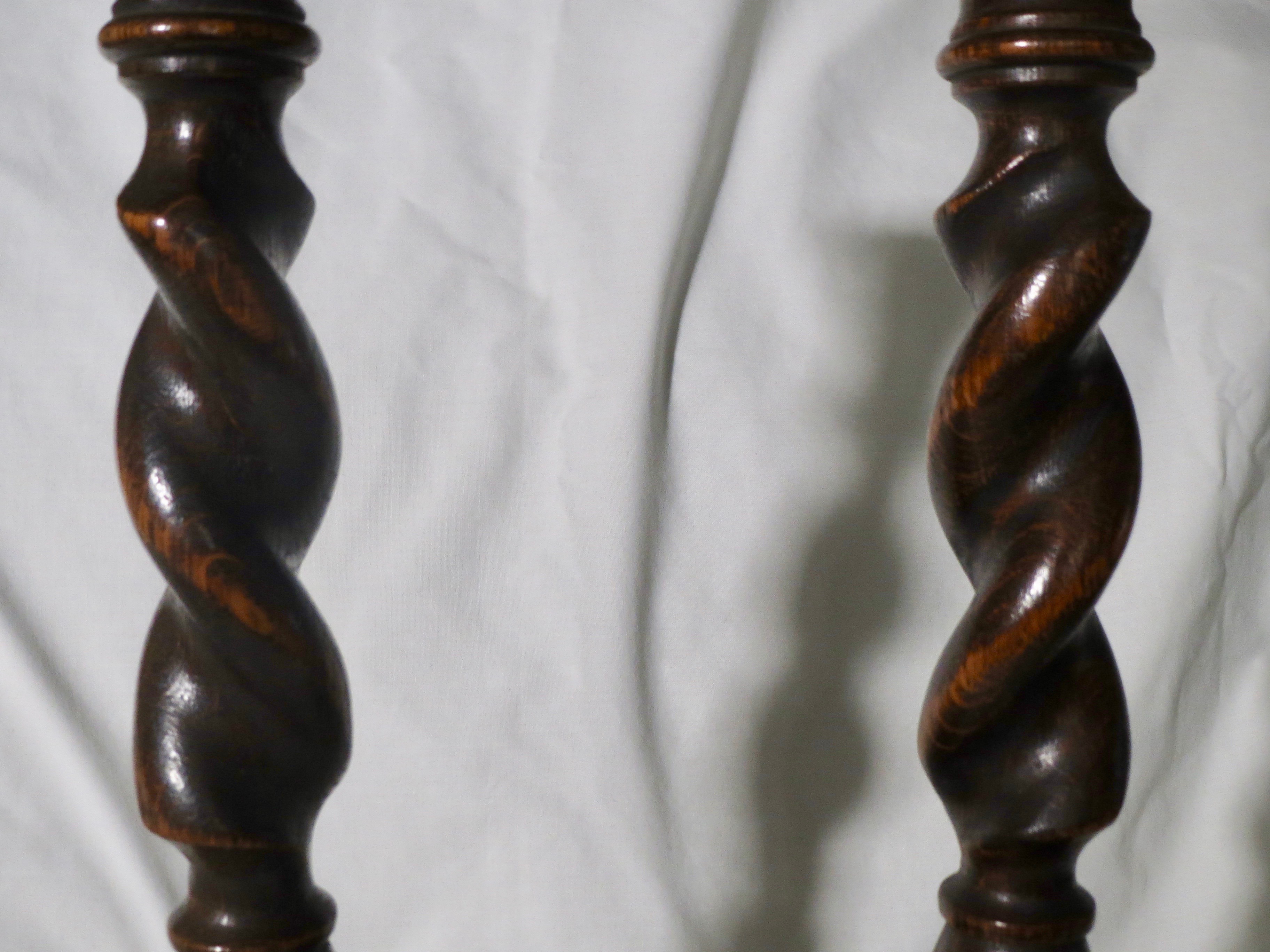A pair of Wooden Barley Twist Candlesticks with Brass tops (c1880). Vees CAVE